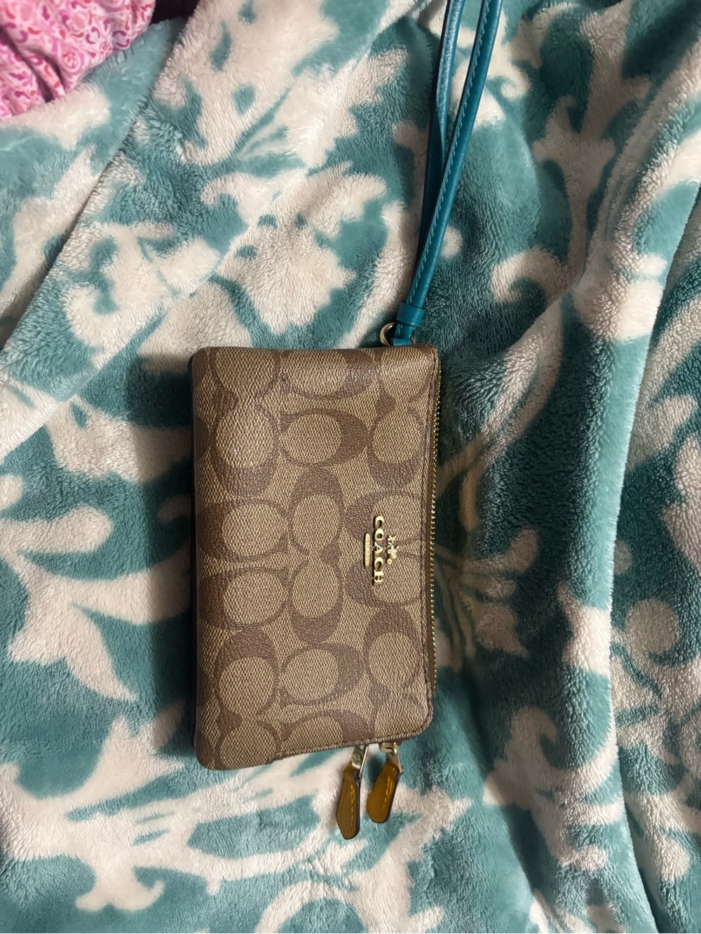 Coach Brown Signature Wristlet with Turquoise Strap